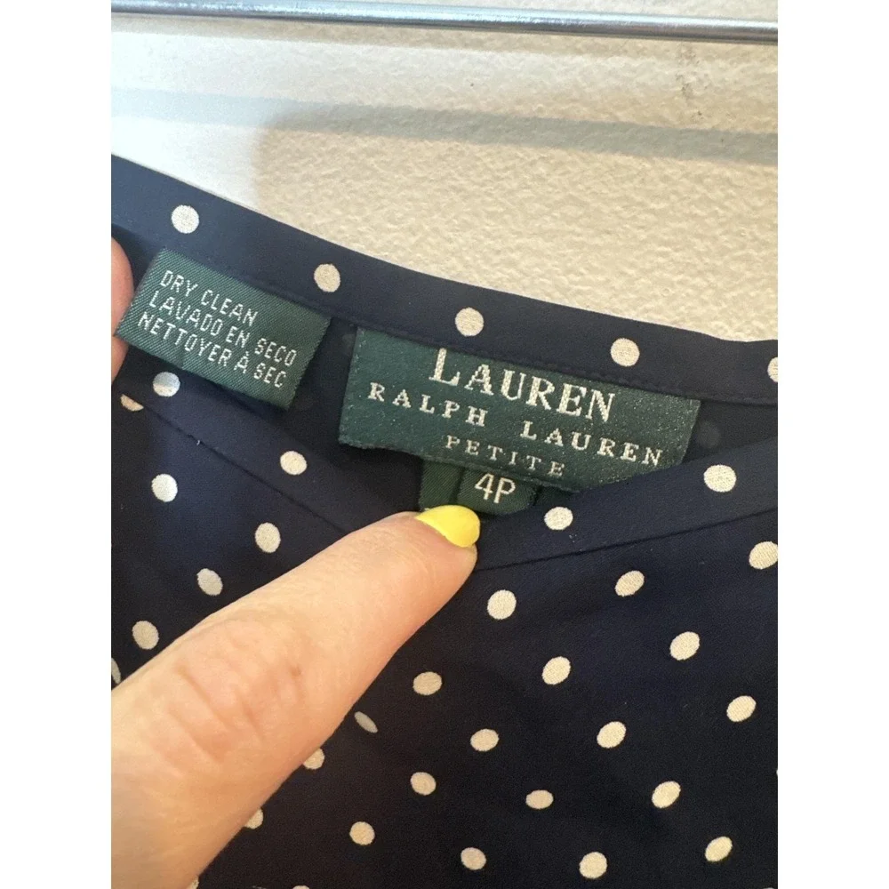 Lauren Ralph Lauren Skirt Womens 4P Petite Blue Polka Dot Silk A Line Midi Lined